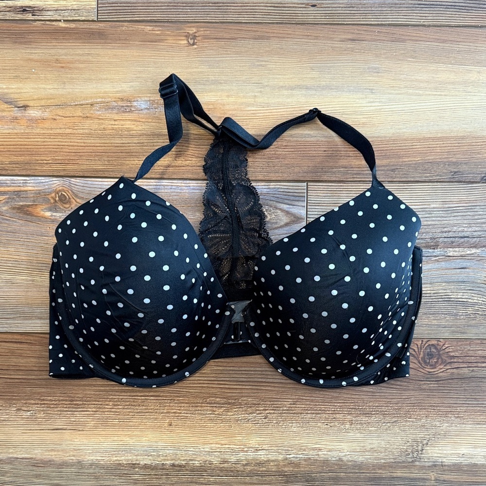 Victoria's Secret Racerback Polka Dot Black Bra w/lace back- 38DD